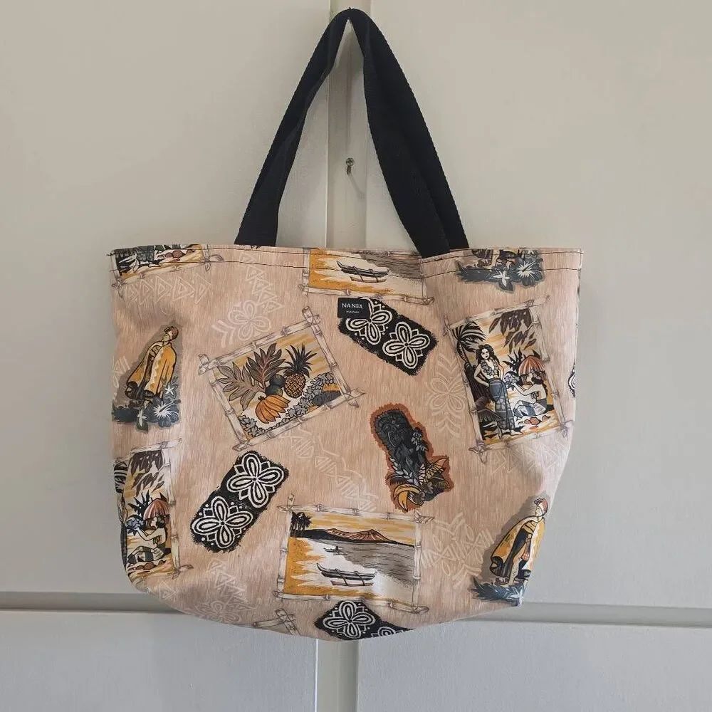 Nanea tropical themed natural and black Hawaiian motif tote bag NWOT